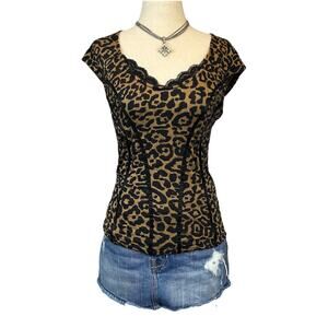 NWT GUESS Womens Leopard Print Lace Trim Corset Top Size S Grunge Indie Y2K